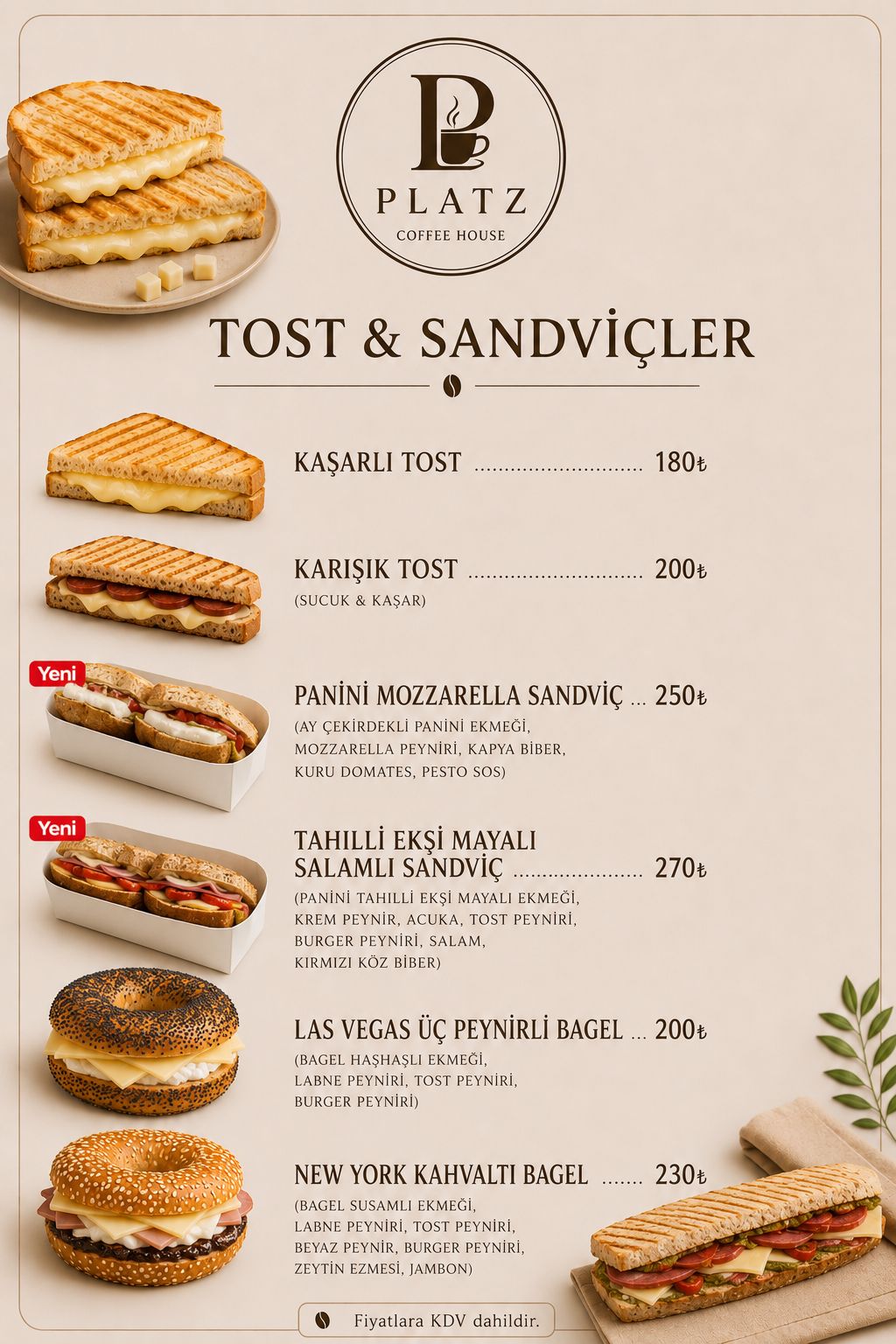 Tost ve sandviçler menüsü
